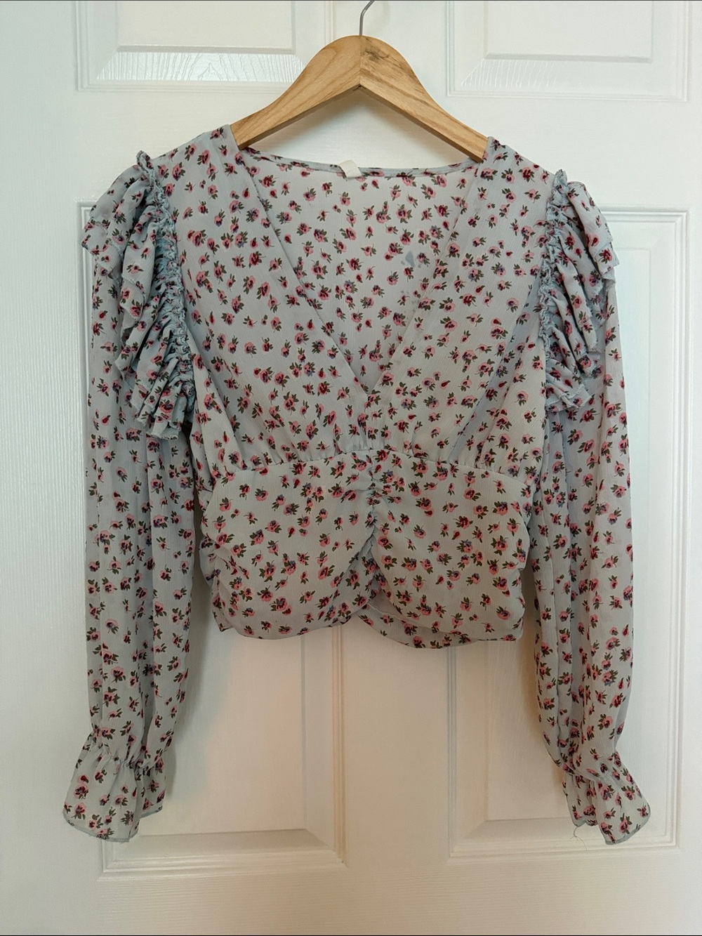Blue Floral Ruffle Puff Sleeve Crop Blouse Cottagecore Romantic Top S